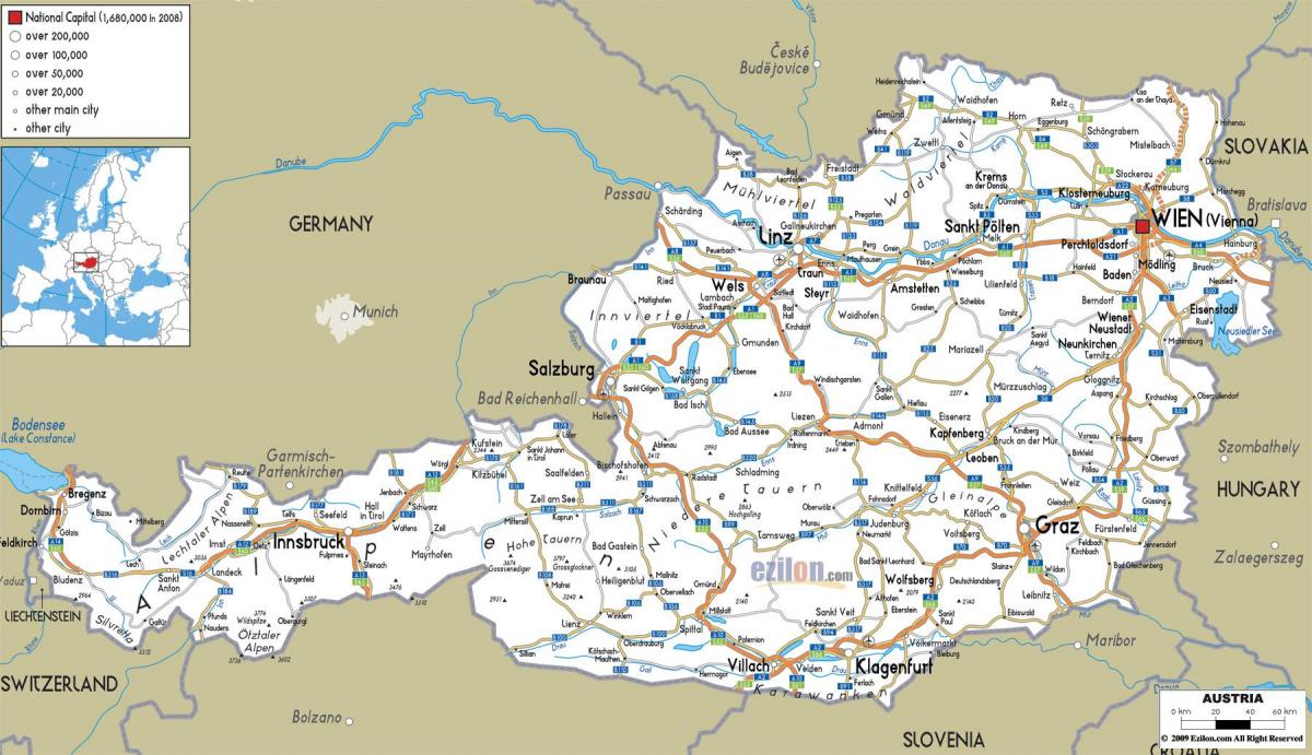 peta rinci dari austria dengan kota-kota